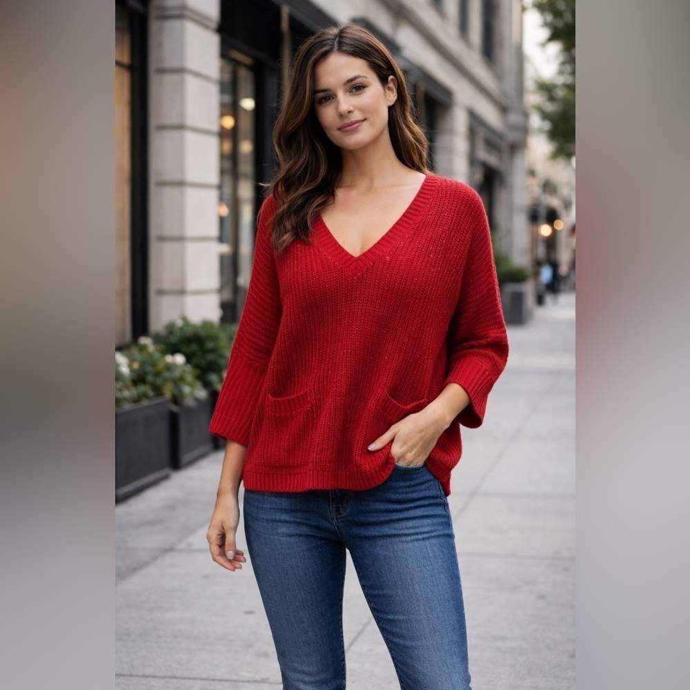 Caslon Red Dolman Sleeve Knit Sweater Women’s S 3/4 Sleeve V-Neck